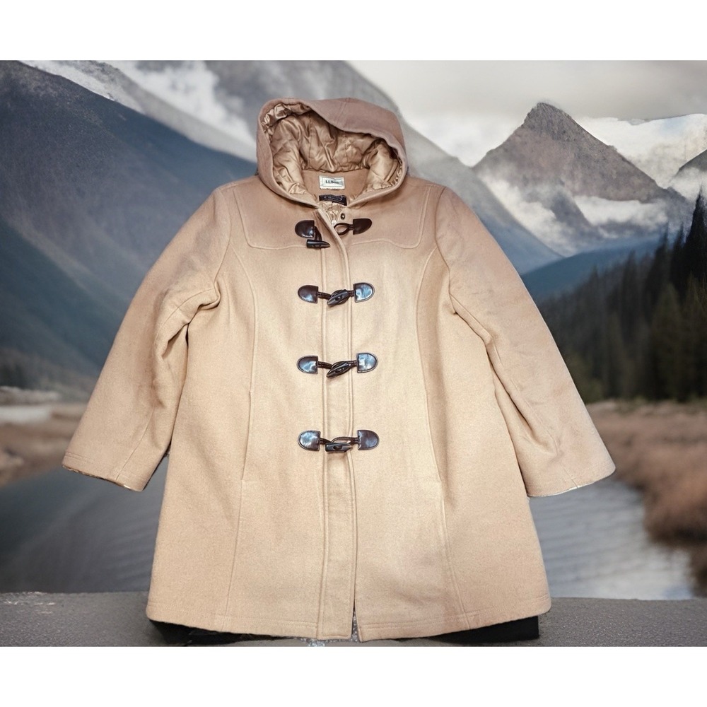 Women's LL BEAN Wool Hooded Beige BELLANDI Toggle Pea‎ Coat Italy L/XL 294400